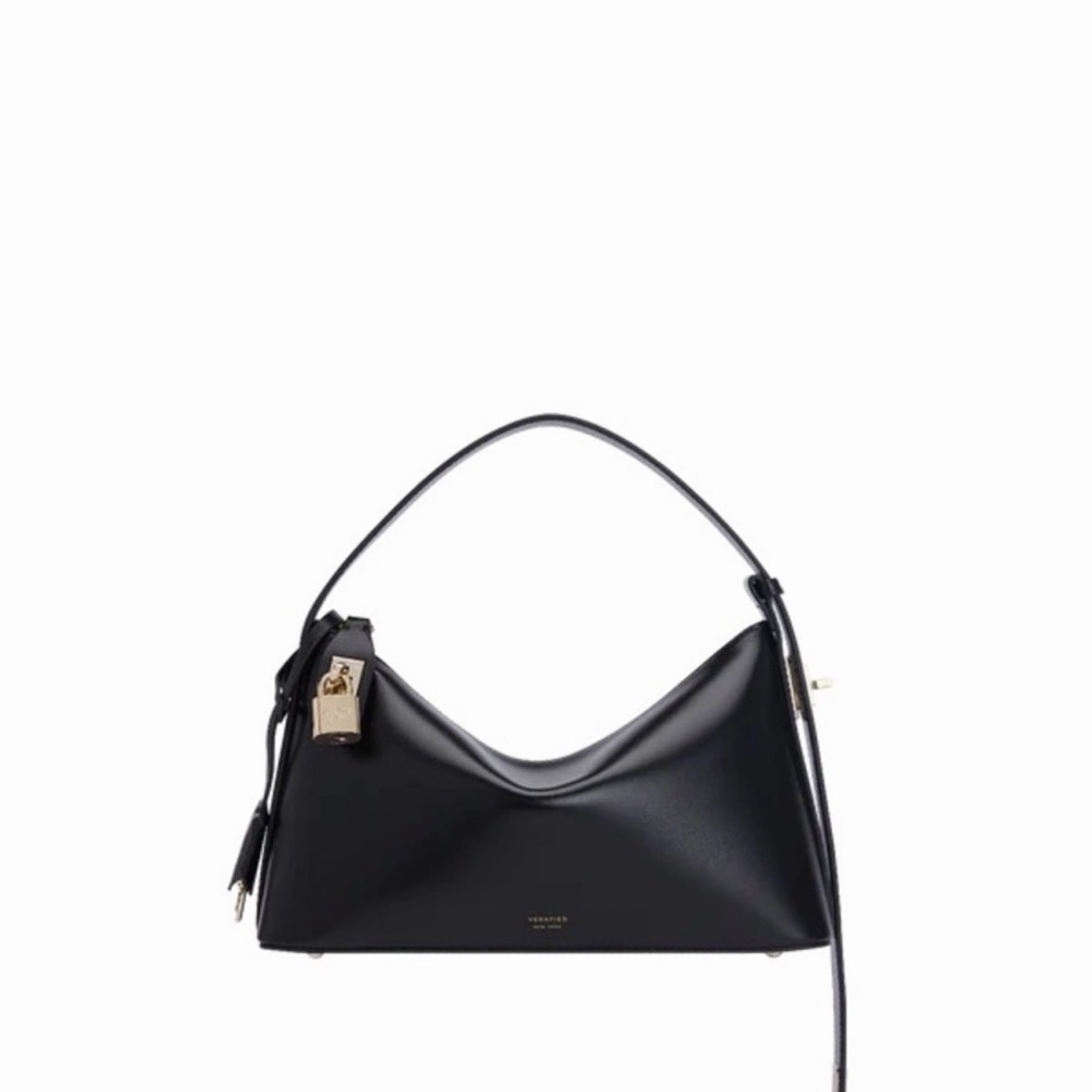 BRAND NEW Black Leather Shoulder Bag with Gold Lock Accent